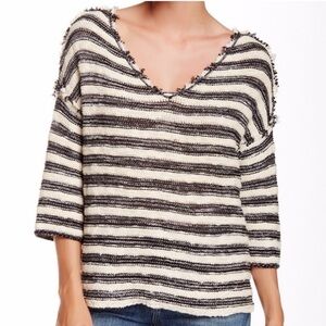 Free People Frayed V-Neck Striped Sweater - Black & Cream